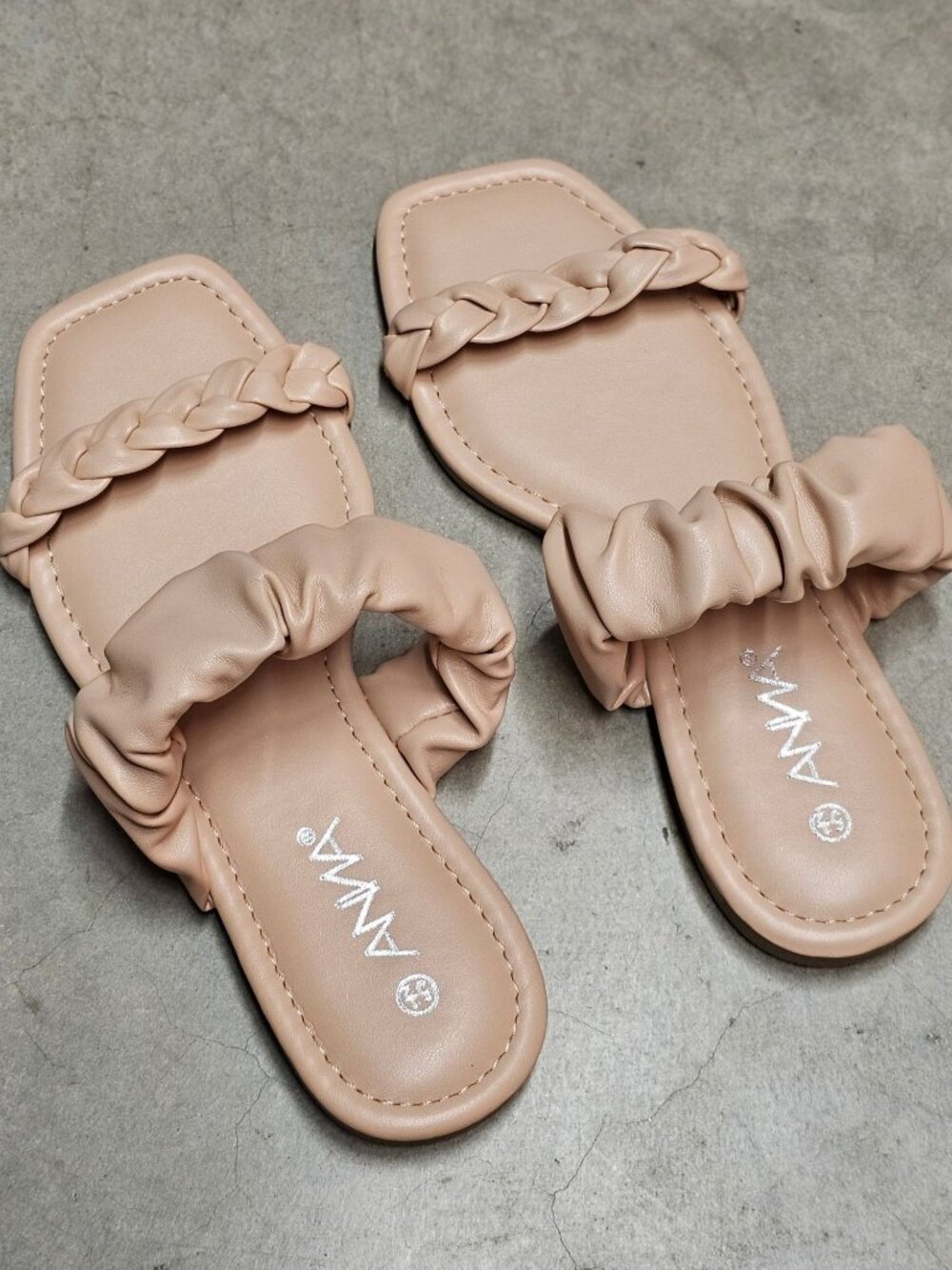 Nude Braided Strap Flat Sandals With Padded Scrunch Detail & Square Toe Design